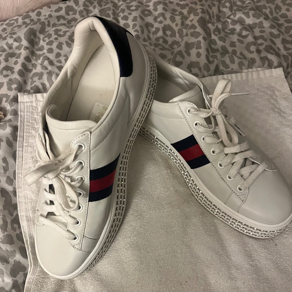 Gucci White Crystal New Ace Platform Sneakers
